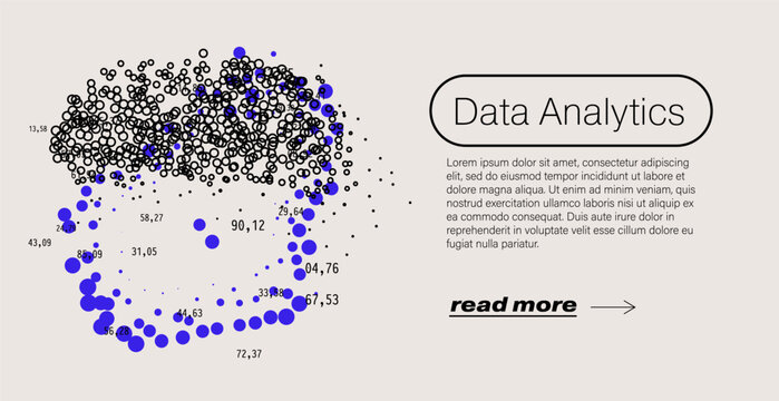 Minimalist vector illustration shows a dense scatter plot cluster of blue particles with random numbers forming an irregular oval data distribution on gray background, titled Data Analytics.