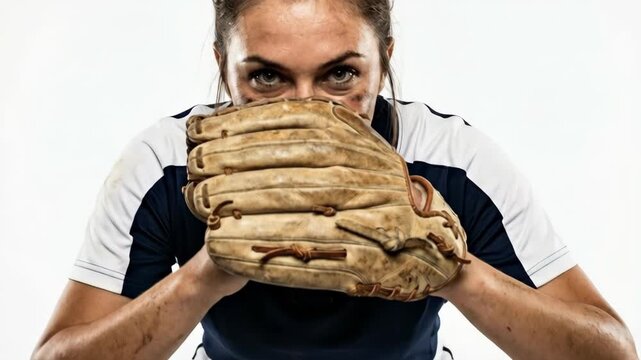caucasian softball player covering face with leather glove. young female athlete with dirty cheeks looking at camera. studio portrait on white background. sports competition concept.