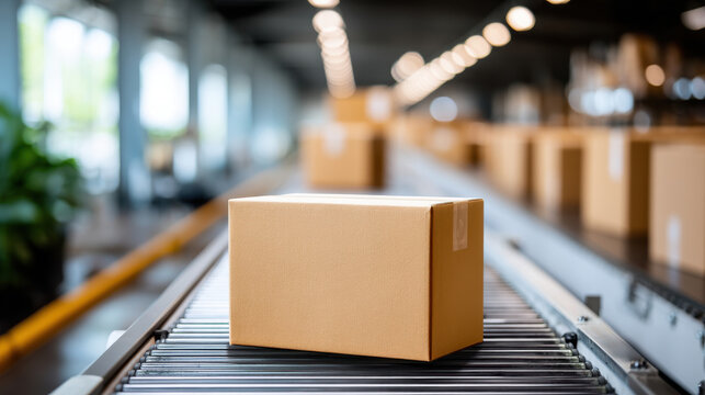 Cardboard package box conveyor belt warehouse logistics shipping center processing