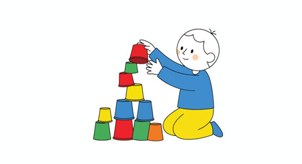 Obraz premium Child Building with Colored Plastic Cups.