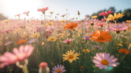 Obraz premium Vibrant wildflowers in a sunlit meadow on a beautiful summer day
