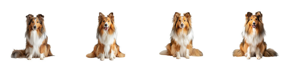 Portrait of a fluffy sable and white Collie dog sitting attentively, isolated on white isolated on transparent background