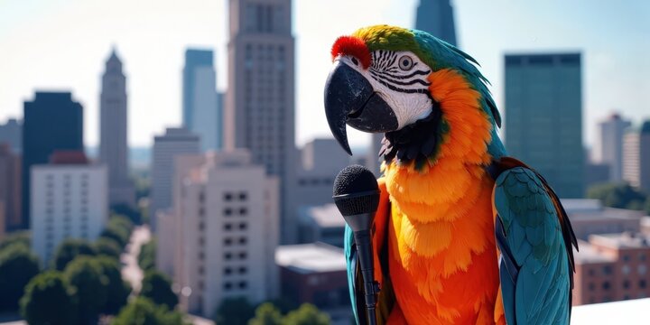 A bright orange and blue Amazona macao perched, microphone in hand against a cityscape with high-rise buildings. Use: animal talent competition.