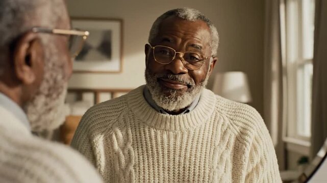 Elderly man smiles and interacts with his reflection in the mirror at home during the afternoon