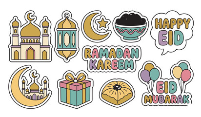 Ramadan and Eid sticker set: Cute mosque, lantern, and dates illustrations