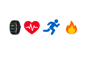 A row of four fitness icons including a black smartwatch, a red heart with a pulse line, a blue running person, and an orange flame, all set against a solid black background.