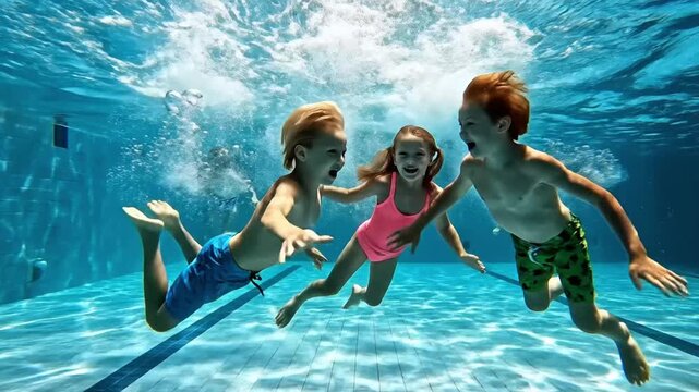 Kids swim and play in a swimming pool during a sunny day in summer
