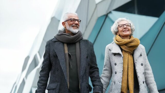 Elderly couple strolls outside modern urban building, radiating happiness and connection. Their fashionable winter outfits and joyful expressions highlight love and healthy aging