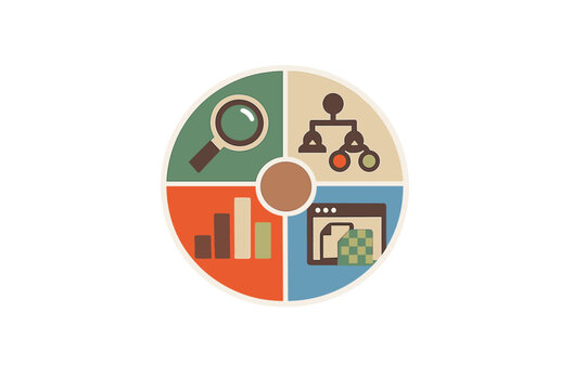 This circular graphic displays four distinct icons representing search, hierarchy, statistics, and web applications, organized in colorful quadrants on a dark background.