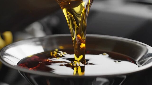 Pouring oil into a funnel for cooking preparation in a kitchen setting during the day