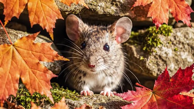 Charming wild mouse peeking from a stone crevice, framed by vibrant orange and red autumn maple leaves. Ideal for fall season promotions.