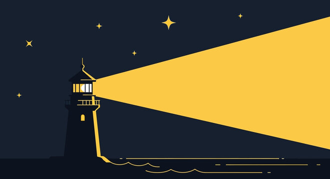A lighthouse shining a bright yellow beam of light across a dark night sky with stars.