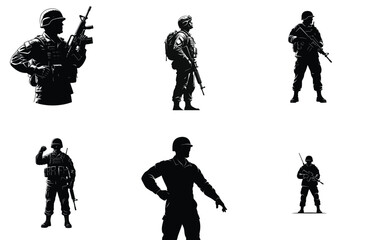 Soldier Silhouettes Collection Black and White Vector Illustration