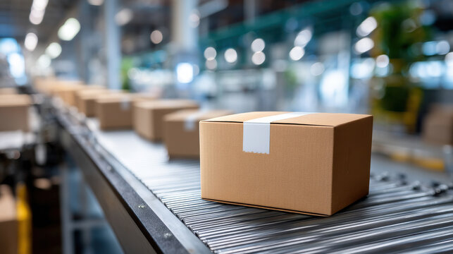 Cardboard box parcel on conveyor belt brown package shipping label warehouse logistics processing busy fulfillment center