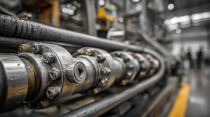 Industrial Metal Pipe Flanges with Heavy Duty Steel Bolts and Nuts in a Modern Factory Workshop Setting, Close Up Selective Focus on Engineering Pipeline Infrastructure for Oil and Gas Industry