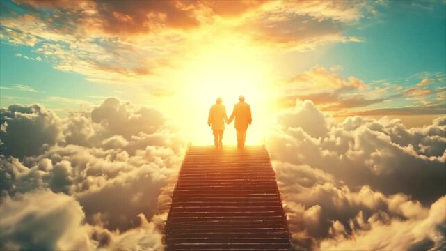 Elderly couple walking upstairs towards shining heavenly light among clouds, expressing Christian paradise, faith and life end concept with peaceful spiritual atmosphere