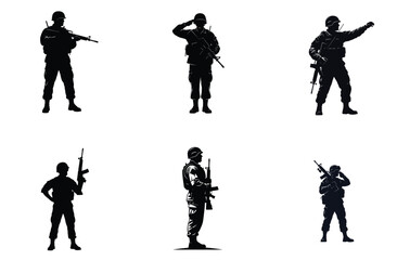 Obraz premium Soldier Silhouettes in Various Poses Vector Illustration