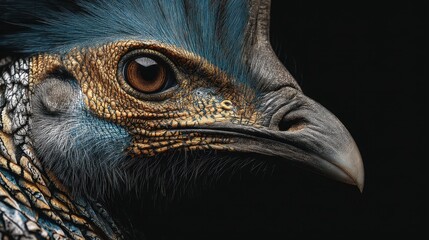 Fototapeta premium Close-up of exotic bird with intricate blue and gold feather patterns