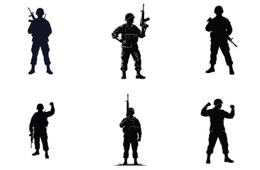 Obraz premium Soldier Silhouettes in Various Poses Vector Illustration