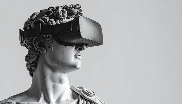 A classical statue wearing a modern virtual reality headset, blending ancient art with futuristic technology.