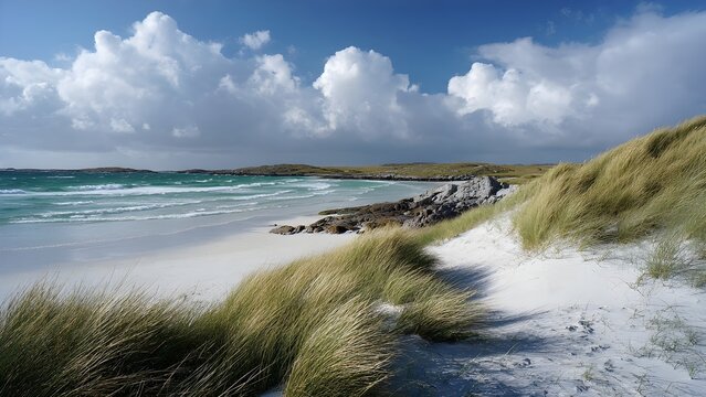 Breathtaking isolated serene, unpopulated landscape showcasing outer Hebrides (Western Isles) &ndash; White-sand beaches, machair grasslands, and Gaelic culture 