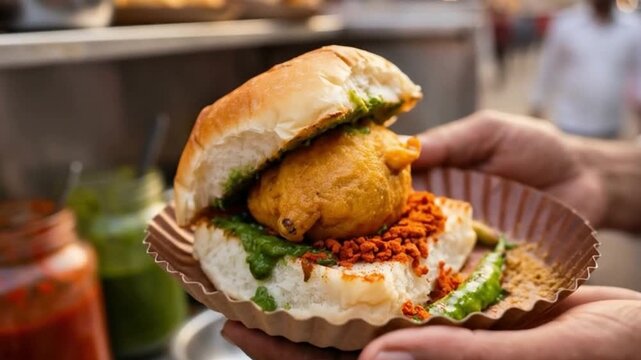 Close-up of a hand holding a fresh Vada Pav on a paper plate at a vibrant Indian street food stall with chutneys in the background.
