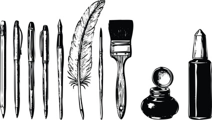 A variety of writing instruments and tools from different eras Vector