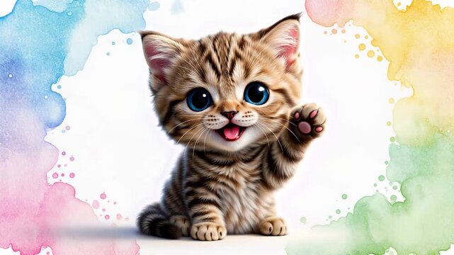 Adorable cartoon kitten waving hello with big blue eyes and a watercolor splash border, perfect for children's content or greeting cards.