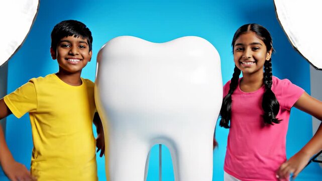 cheerful indian boy and girl posing with giant white tooth model. pediatric dentistry and oral care concept. blue background studio shot. 