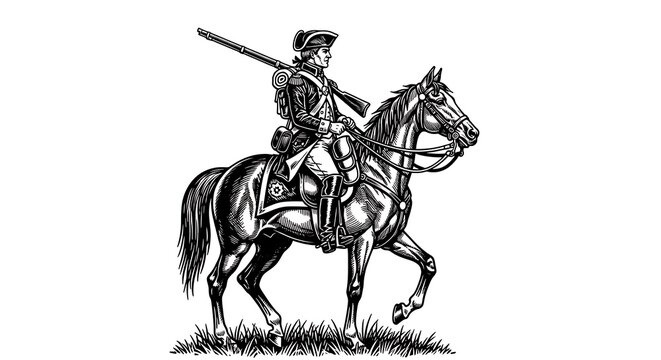 Militiaman figure on a rearing horse is drawn in a detailed black and white engraving style against a white background.