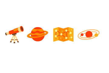 A set of four astronomy-themed icons including a telescope, a ringed planet, a star map, and a solar system diagram, all rendered in a flat vector style with warm orange tones. © icon_art