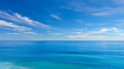 Fototapeta premium Serene Blue Ocean Under a Bright Sky with Soft Clouds and Gentle Waves at Daytime