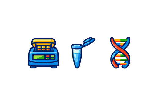 A set of three colorful icons representing biotechnology and genetics, featuring a thermal cycler machine, a microcentrifuge tube, and a DNA double helix on a black background.