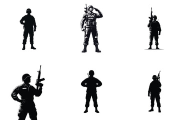 Soldier Silhouettes Set Military Uniforms Black White Vector Illustration