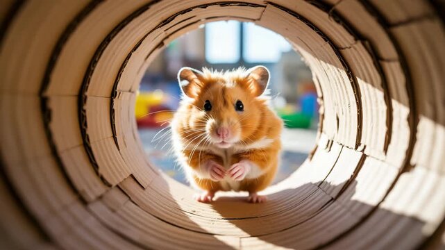 Beautiful hamster runs through wooden tunnel toward camera with brigh focus