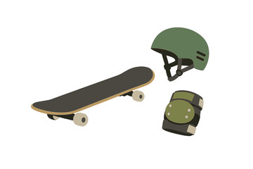 Skateboard and safety gear set on a white background showing the equipment often used for skateboarding practices and activities at any time © icon_art
