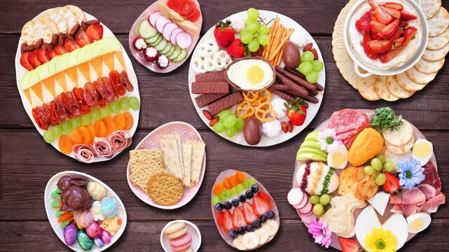 Spring or Easter grazing board theme table scene against a dark wood background. Stop motion table placement. Top down view. Variety of sweets and cheese, meat and fruit appetizers.