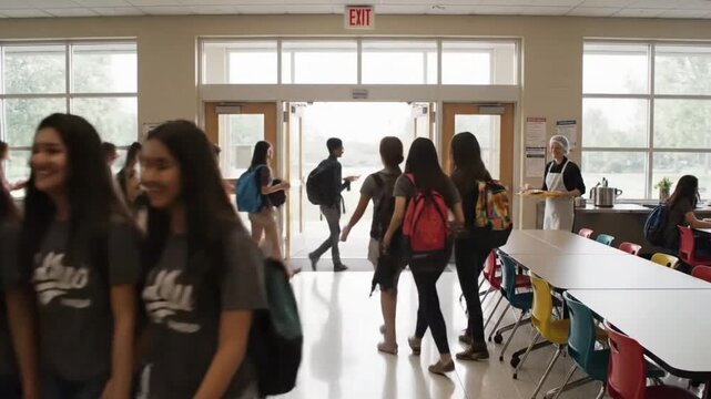 Students walk through the school hallway during lunch hour at a busy high school in the afternoon with friends and backpacks