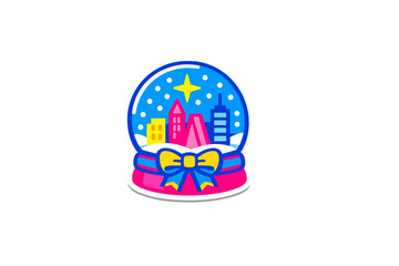 Obraz premium Colorful snow globe with buildings and a star on top showing a winter scene with falling snow