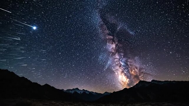 Stars shine brightly over mountains in a clear night sky with the Milky Way visible in the background near a remote location