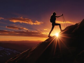 Woman hiking mountain at sunset symbolizing perseverance