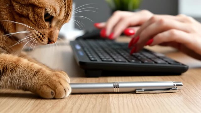 ginger cat looking at silver pen on wooden desk. woman hands typing on keyboard in background. remote work and home office concept. business blog, pet care article.