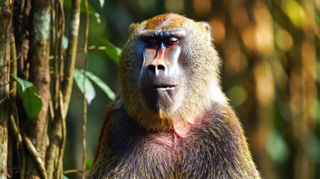 Baboon yawns in the forest during the day in Africa showing its large teeth and colorful face