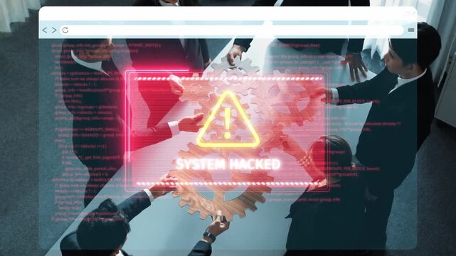 A business team engages in a critical discussion about cybersecurity, facing an alert about a system hack, emphasizing the need for vigilance and effective solutions. Raster