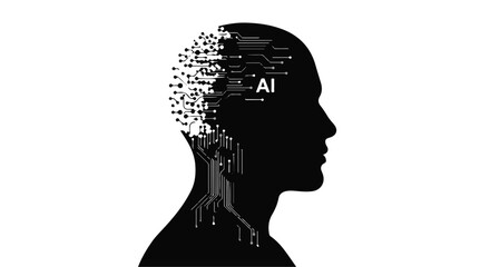 Human head silhouette with circuit board and AI concept