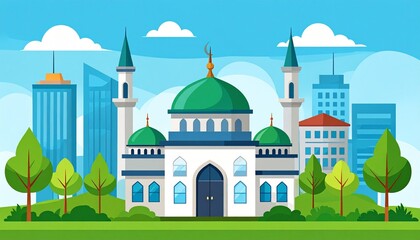 Fototapeta premium Modern mosque with green domes and minarets in futuristic city skyline under blue sky