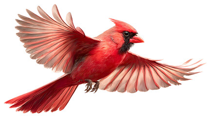 Fototapeta premium Vibrant red cardinal bird in mid flight isolated on transparent background with wings spread wide and feathers glowing