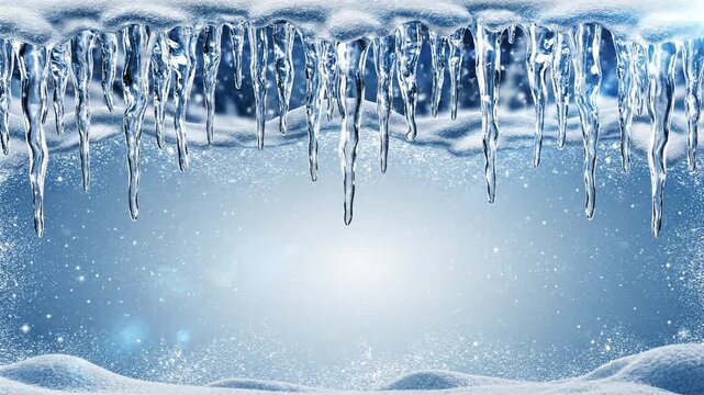 Cinematic winter sale banner with icicles and snowflakes on blue backg