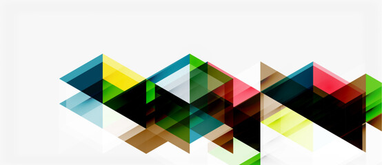 Obraz premium Abstract geometric shapes overlap, creating dynamic colorful pattern. Minimalist design with triangles, squares, transparency. Modern visual element.