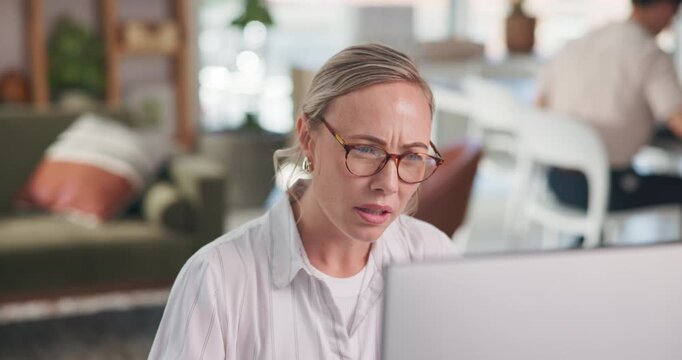 Confused, business and woman with computer in office to review report, draft mistake and fact check. Worry, person and coworking with pc, grammar error and negative feedback with submission rejection